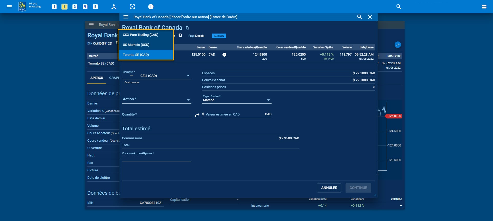 Formulaire d’entrée des ordres affichant une baisse du marché